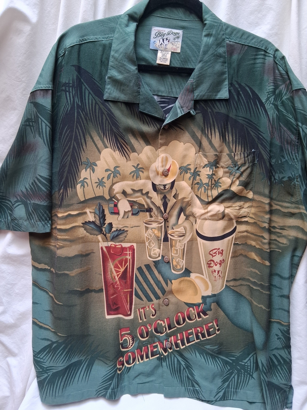 Big Dogs XL Green Tropical Graphic Camp Shirt with 5 O'Clock Artwork
